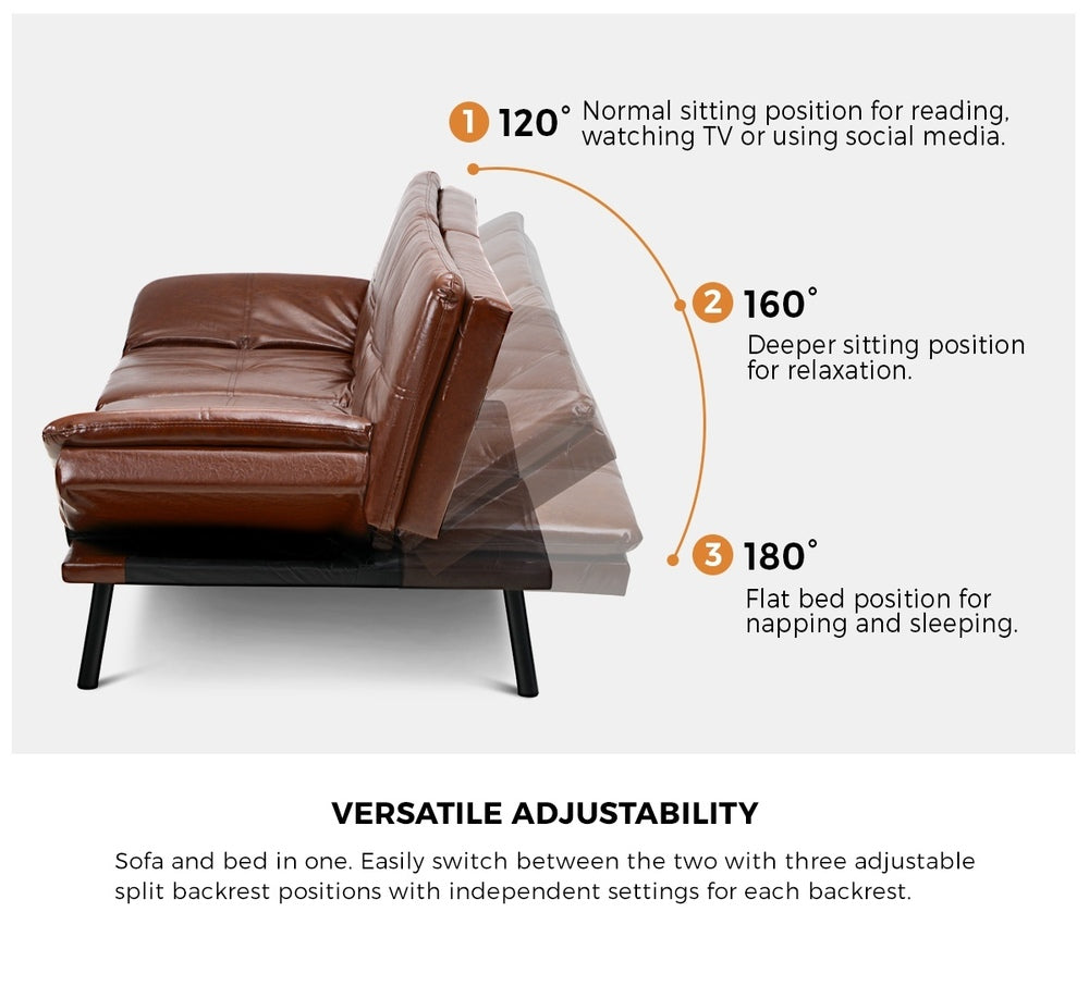 Oikiture Sofa Bed Convertible Leather 3-Seater Brown-Sofa Bed-PEROZ Accessories