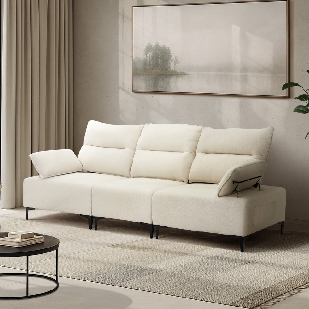 Oikiture 3 Seater Couch Sofa Chenille Adjustable Armrest Beige-Sofa-PEROZ Accessories