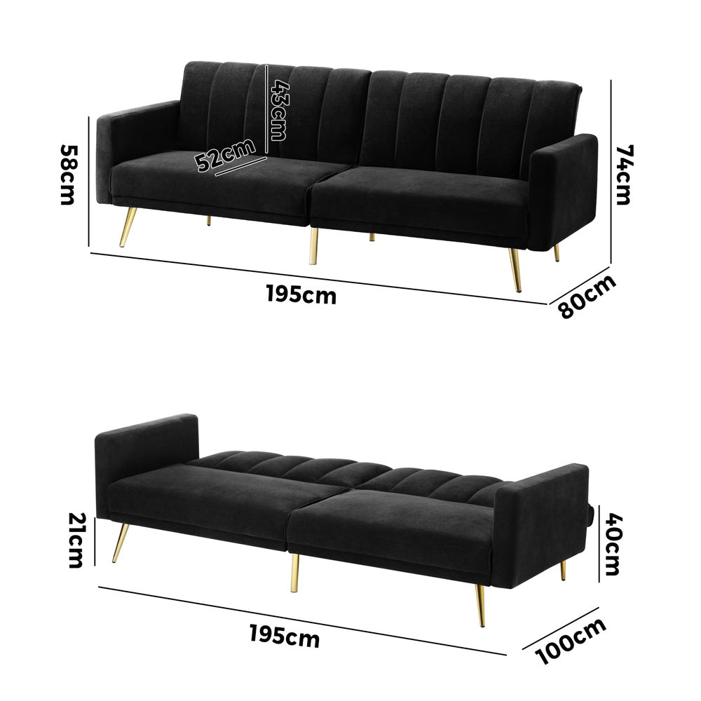 Oikiture 3-Seater Sofa Bed Velvet Black-Sofa Bed-PEROZ Accessories