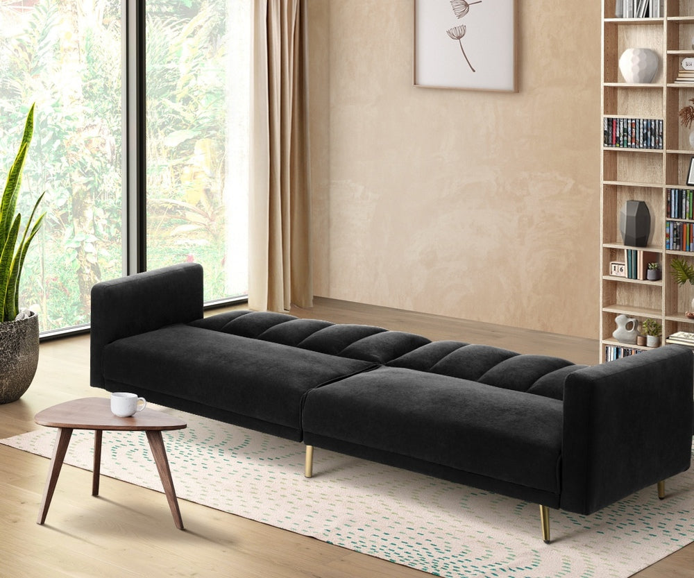 Oikiture 3-Seater Sofa Bed Velvet Black-Sofa Bed-PEROZ Accessories