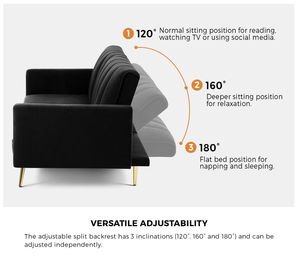 Oikiture 3-Seater Sofa Bed Velvet Black-Sofa Bed-PEROZ Accessories