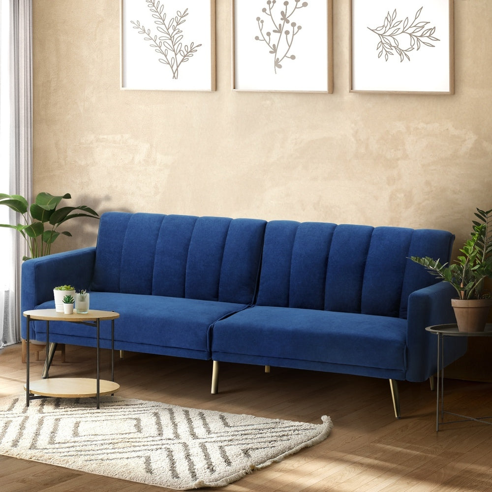 Oikiture 3 Seater Sofa Bed Velvet Blue-Sofa Bed-PEROZ Accessories