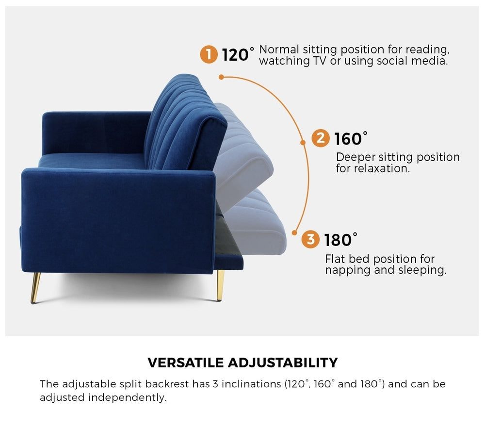 Oikiture 3 Seater Sofa Bed Velvet Blue-Sofa Bed-PEROZ Accessories