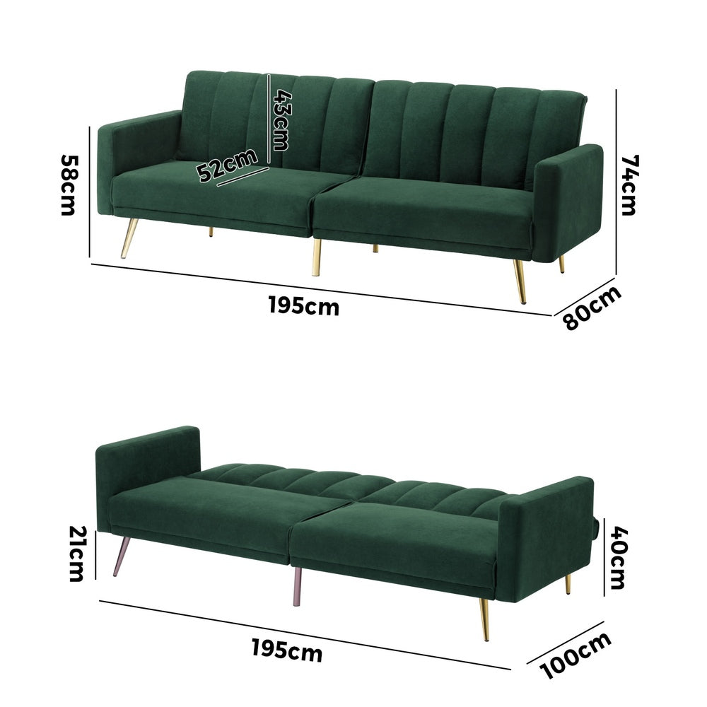 Oikiture 3 Seater Sofa Bed Convertible Velvet Green-Sofa Bed-PEROZ Accessories