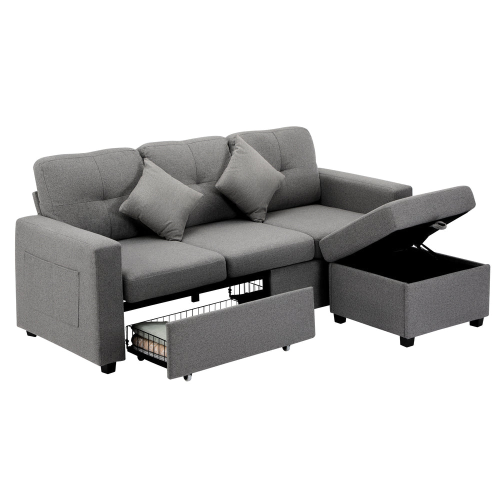 Oikiture Sofa 3 Seater Chaise Modular Couch Drawers Ottoman Fabric-Sofa-PEROZ Accessories