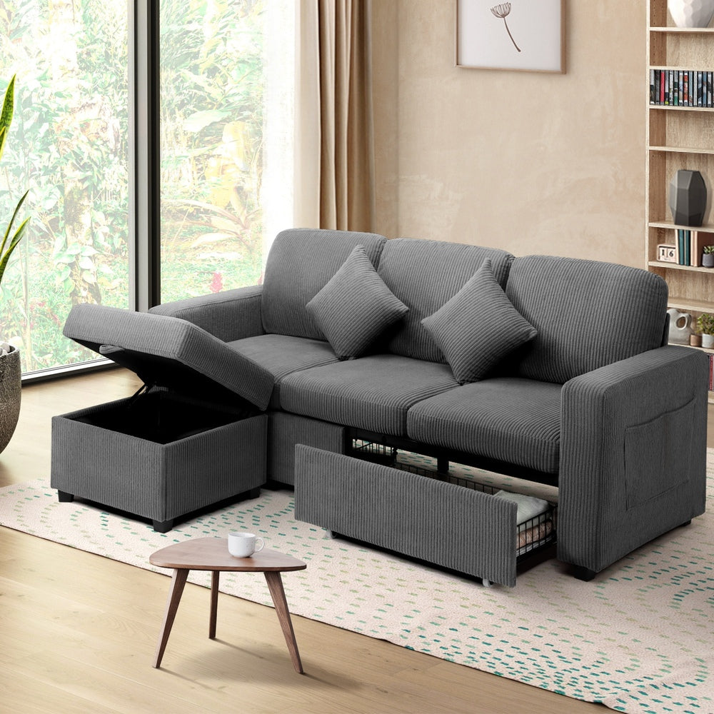 Oikiture 3 Seater Sofa Modular Couch Drawers Ottoman Velvet-Sofa-PEROZ Accessories