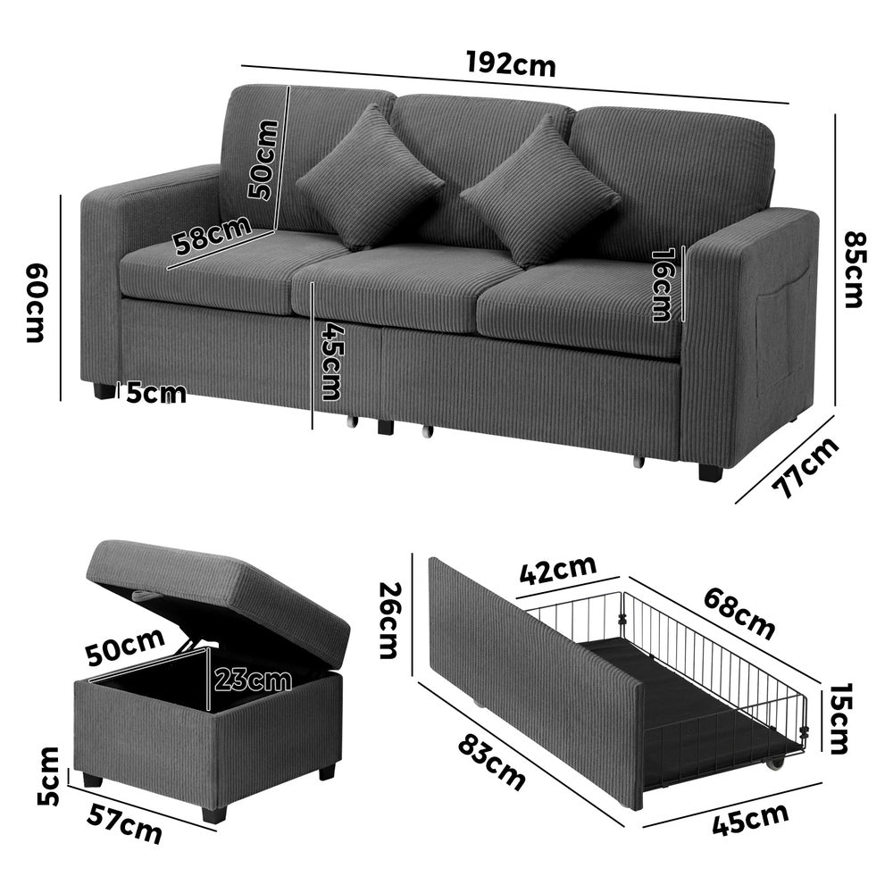Oikiture 3 Seater Sofa Modular Couch Drawers Ottoman Velvet-Sofa-PEROZ Accessories