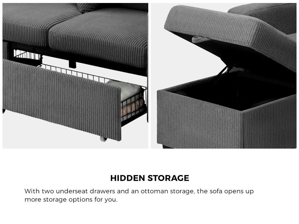 Oikiture 3 Seater Sofa Modular Couch Drawers Ottoman Velvet-Sofa-PEROZ Accessories