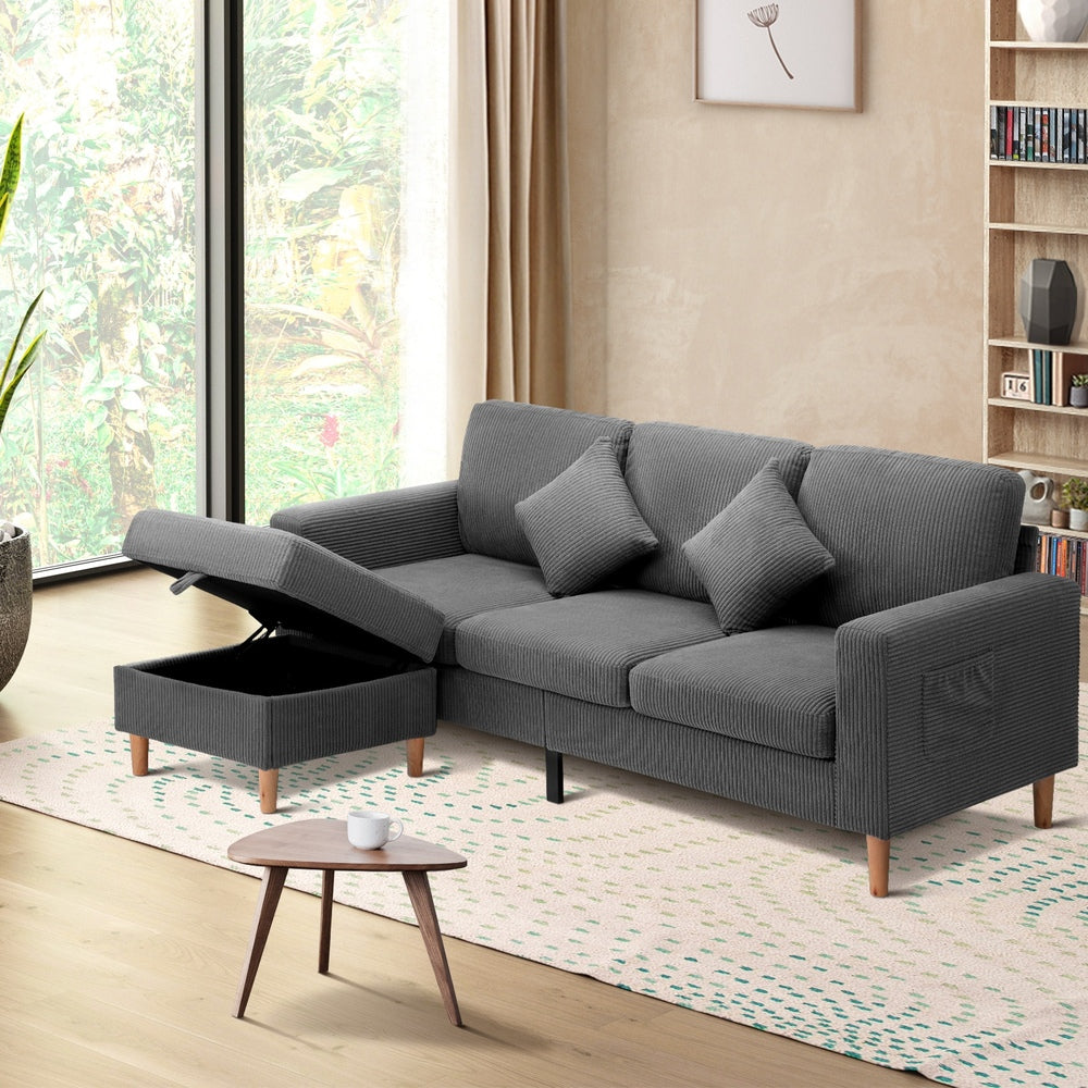 Oikiture 3 Seater Sofa with Ottoman Velvet Grey-Sofa-PEROZ Accessories
