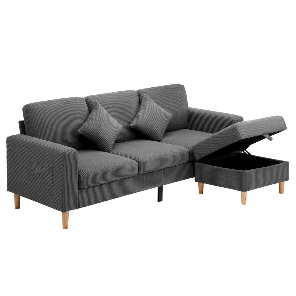 Oikiture 3 Seater Sofa with Ottoman Velvet Grey-Sofa-PEROZ Accessories