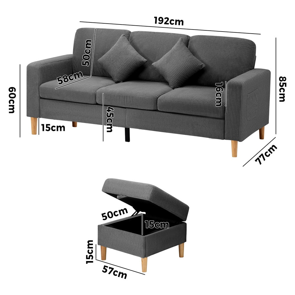 Oikiture 3 Seater Sofa with Ottoman Velvet Grey-Sofa-PEROZ Accessories
