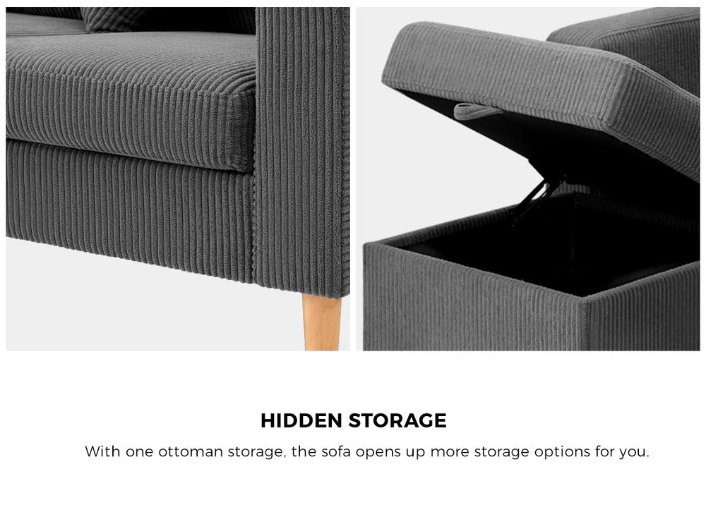 Oikiture 3 Seater Sofa with Ottoman Velvet Grey-Sofa-PEROZ Accessories