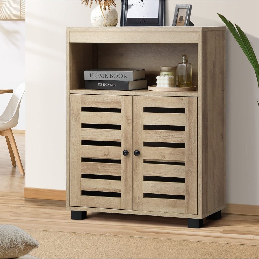 Oikiture Shoes Storage Cabinet Organiser Shelf 2 Doors Brown-Shoe Storage Cabinet-PEROZ Accessories