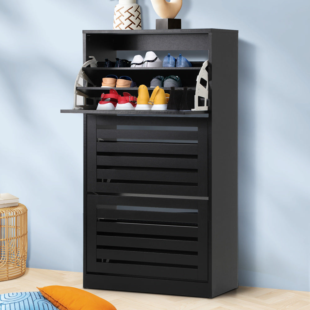 Oikiture Shoe Storage Cabinet 3 Doors 45 Pairs Black-Shoe Storage Cabinet-PEROZ Accessories
