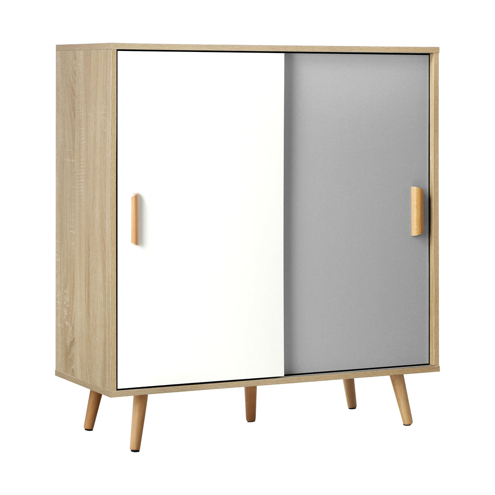 Oikiture Shoe Cabiner with 6 Adjustable Shelving and Sliding Doors, Shoe Rack Storage Sideboard White and Wood-Shoe Storage Cabinets-PEROZ Accessories