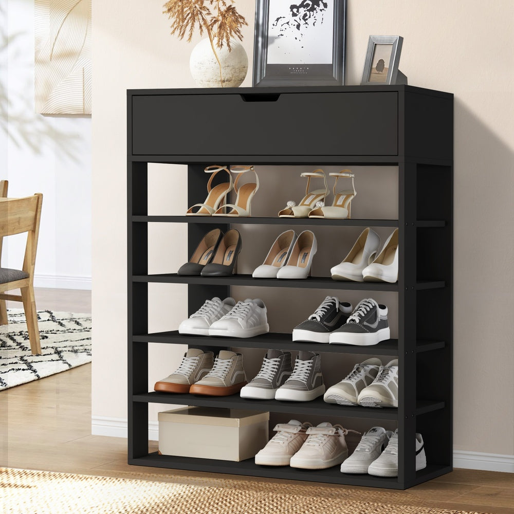 Oikiture Shoes Storage Rack 5-tier Shelves with Drawer Black-Shoe Storage Cabinet-PEROZ Accessories