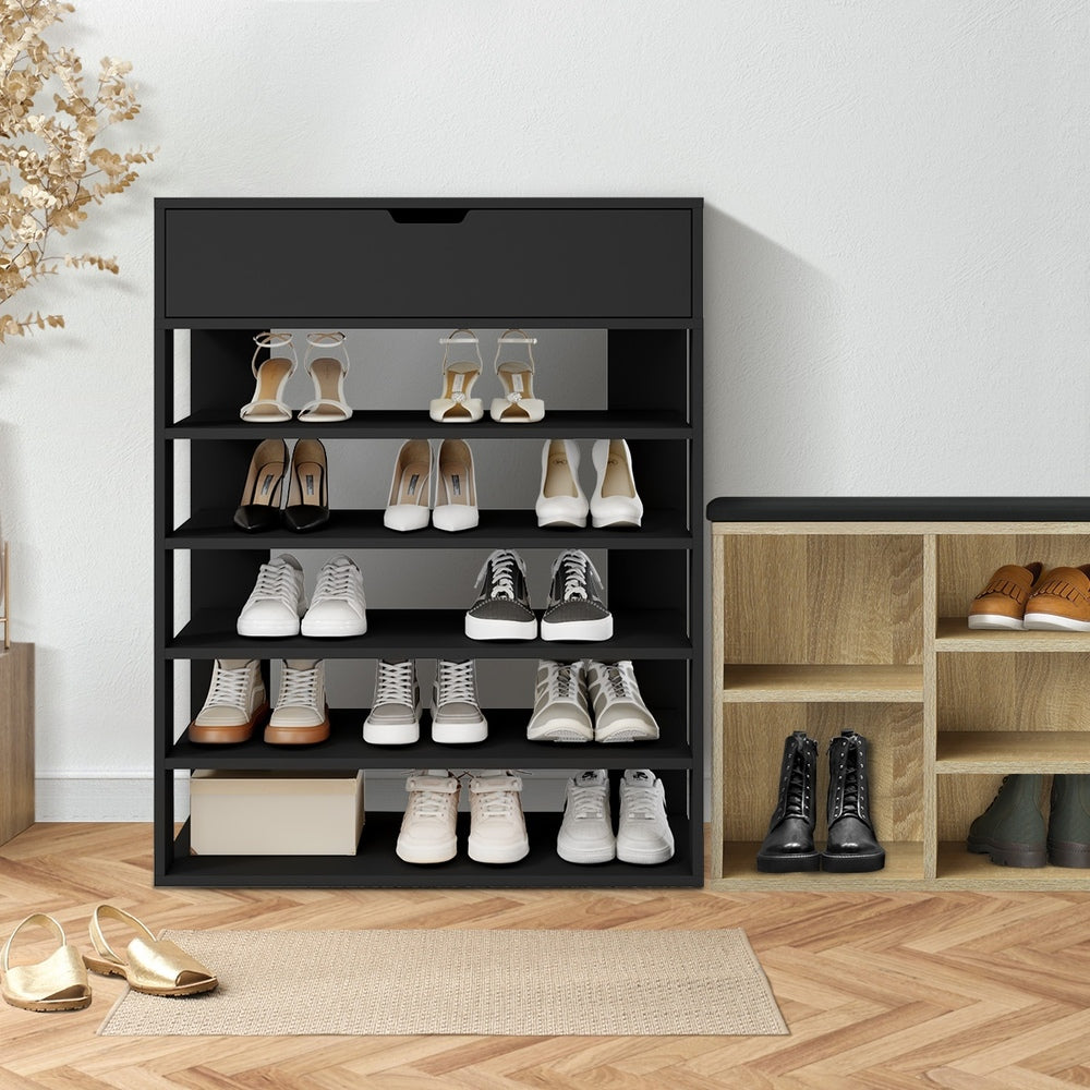 Oikiture Shoes Storage Rack 5-tier Shelves with Drawer Black-Shoe Storage Cabinet-PEROZ Accessories