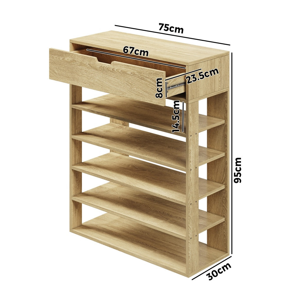 Oikiture Shoes Storage Rack 5-tier Shelves with Drawer Natural-Shoe Storage Cabinet-PEROZ Accessories
