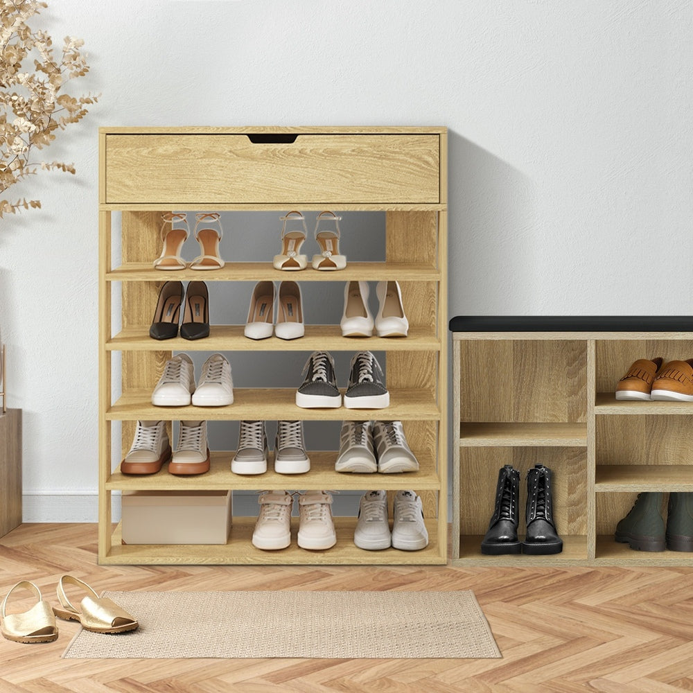 Oikiture Shoes Storage Rack 5-tier Shelves with Drawer Natural-Shoe Storage Cabinet-PEROZ Accessories