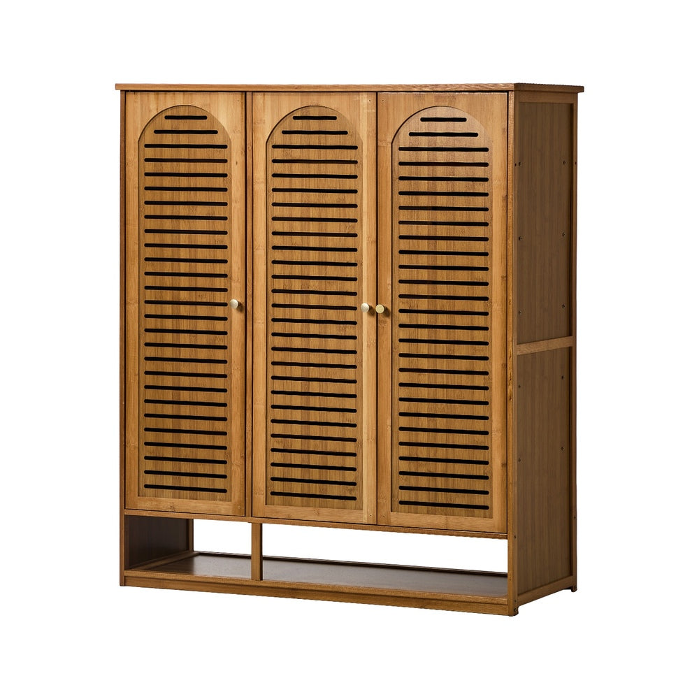 Oikiture Shoe Storage Cabinet 3 Doors Bamboo Shoe Shelf Brown-Shoe Storage Cabinet-PEROZ Accessories