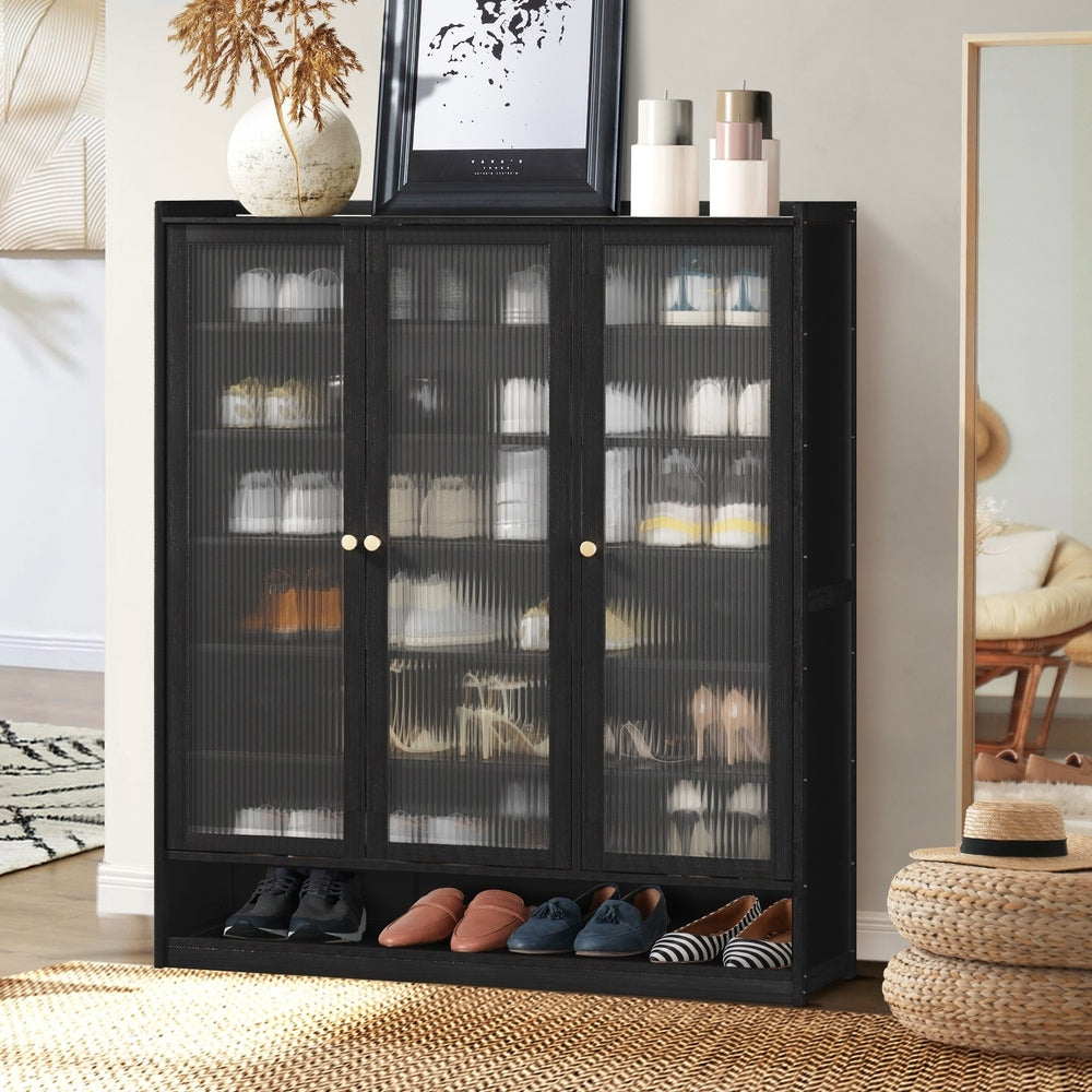 Oikiture Shoe Cabinet 3 Doors Shelf Black-Shoe Storage Cabinetss-PEROZ Accessories