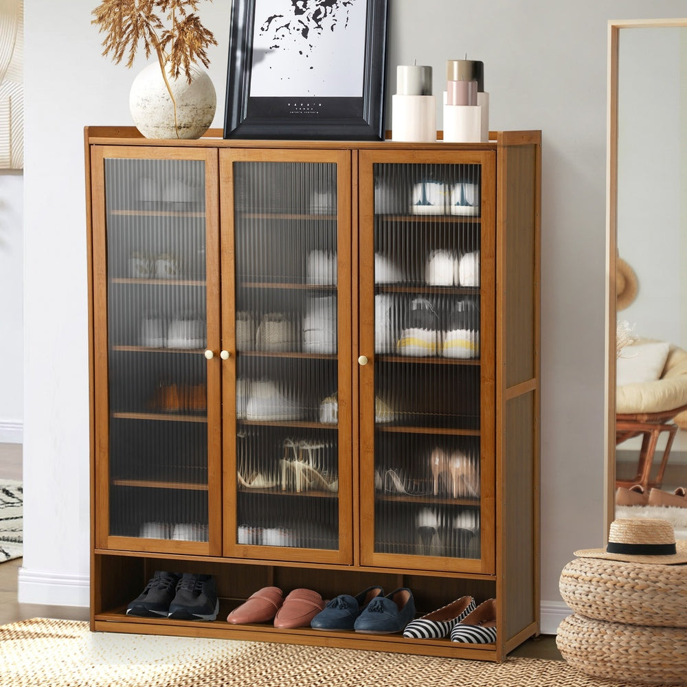 Oikiture Shoe Storage Cabinet 3 Doors 7 Shelves Brown-Shoe Storage Cabinet-PEROZ Accessories