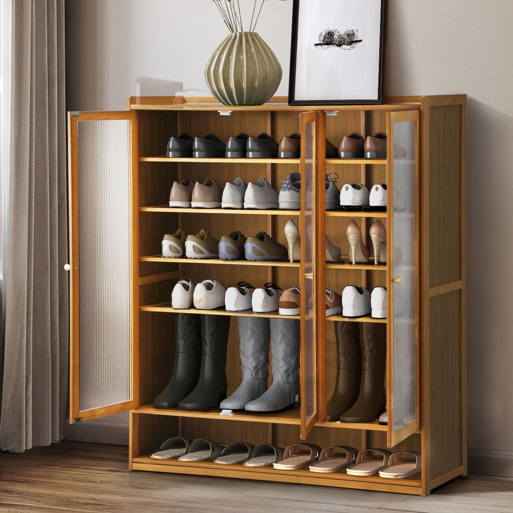 Oikiture Shoe Storage Cabinet 3 Doors 7 Shelves Brown-Shoe Storage Cabinet-PEROZ Accessories