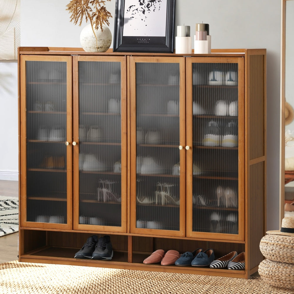 Oikiture Shoe Storage Cabinet 4 Doors 7 Shelves Brown-Shoe Storage Cabinet-PEROZ Accessories