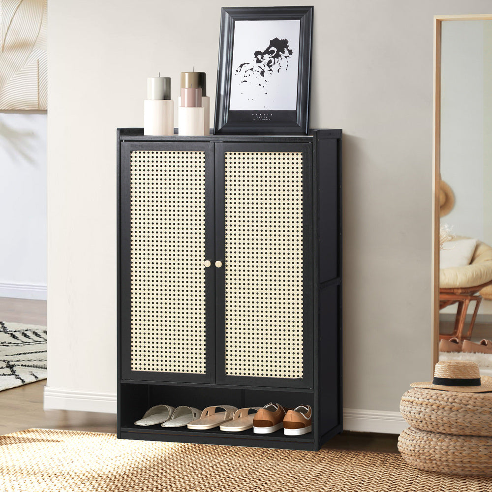 Oikiture Shoe Storage Cabinet 2 Doors Rattan Black-Shoe Storage Cabinetss-PEROZ Accessories