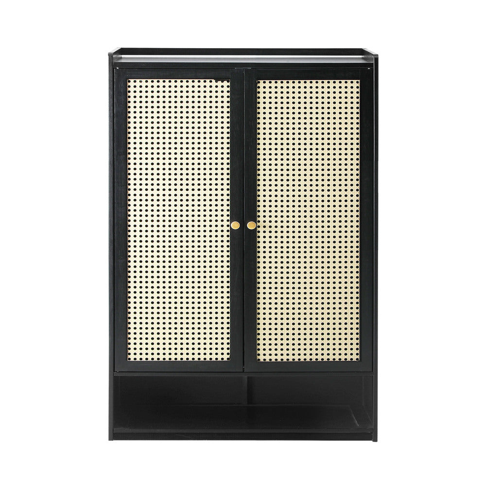Oikiture Shoe Storage Cabinet 2 Doors Rattan Black-Shoe Storage Cabinetss-PEROZ Accessories