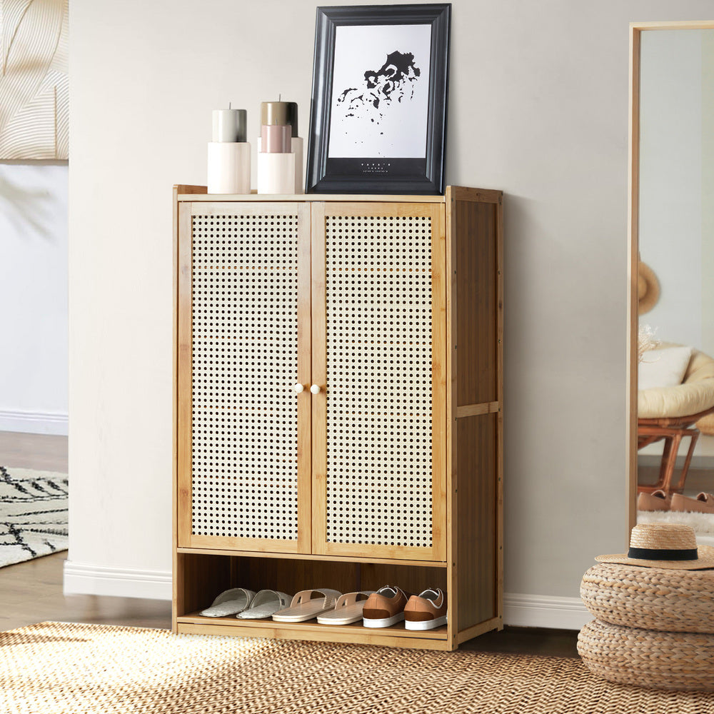 Oikiture Shoe Storage Cabinet 2 Doors Rattan Brown-Shoe Storage Cabinetss-PEROZ Accessories