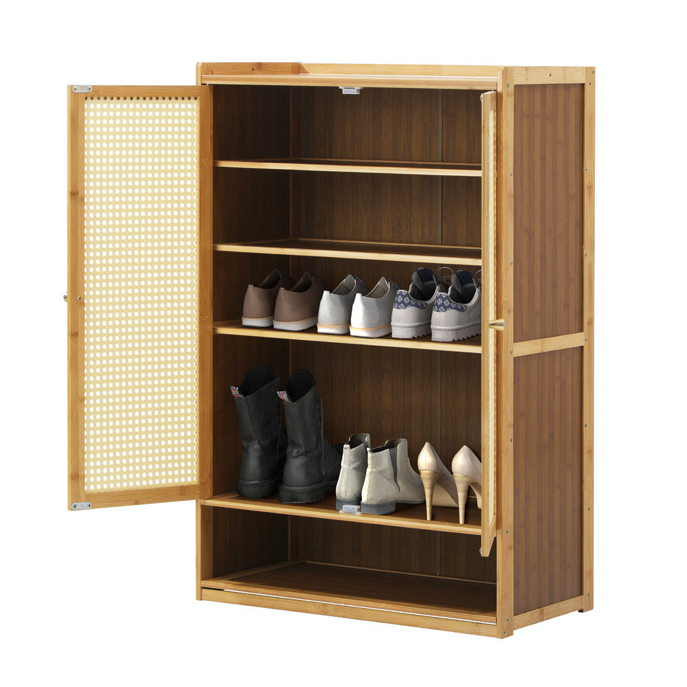 Oikiture Shoe Storage Cabinet 2 Doors Rattan Brown-Shoe Storage Cabinetss-PEROZ Accessories