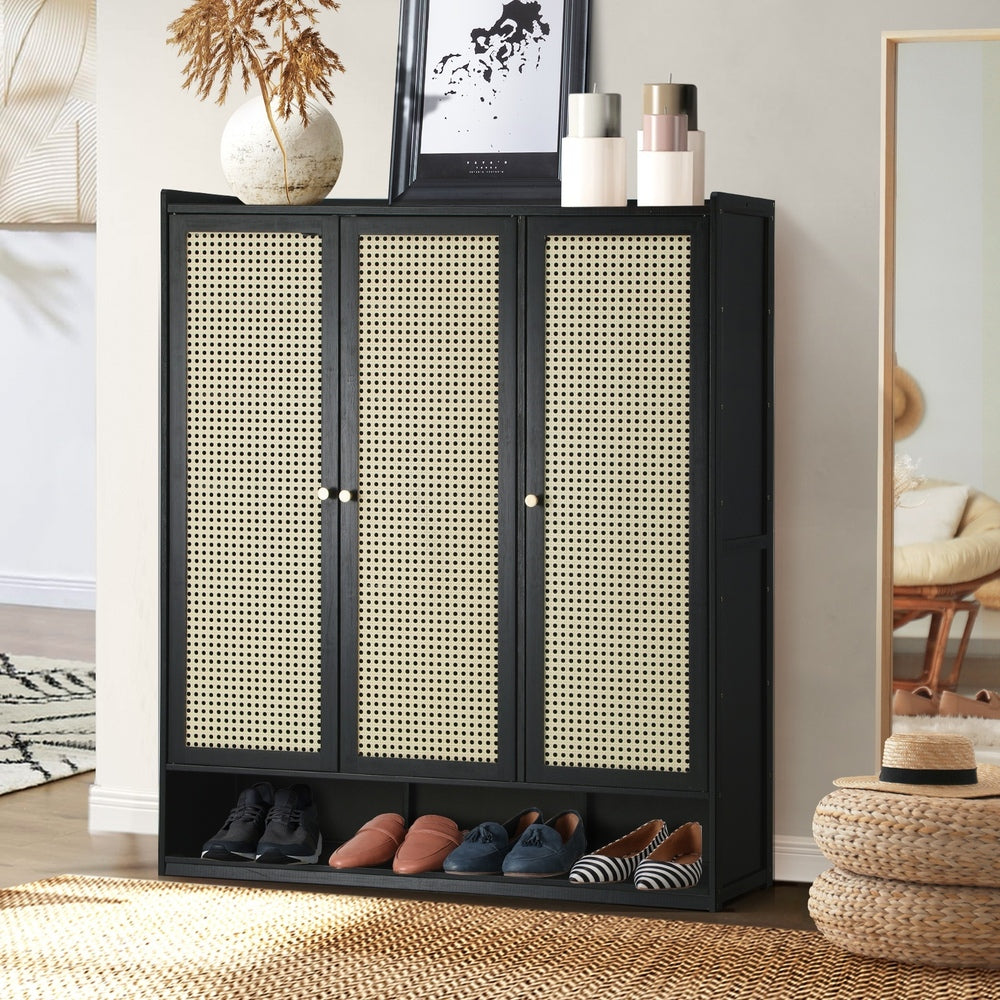 Oikiture Shoe Storage Cabinet 3 Doors Rattan Style-Shoe Storage Cabinetss-PEROZ Accessories