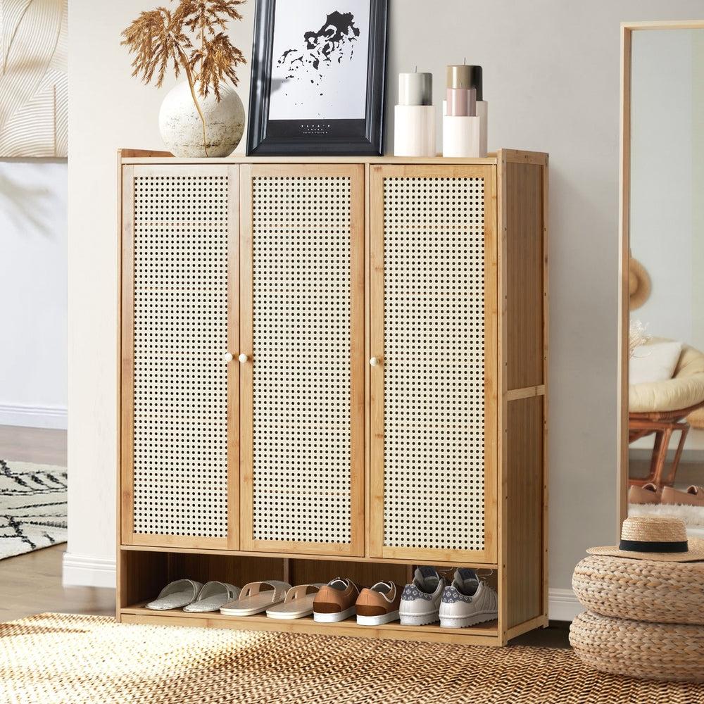 Oikiture Shoe Cabinet with 3 Rattan Doors 6 Shelves-Shoe Storage Cabinetss-PEROZ Accessories