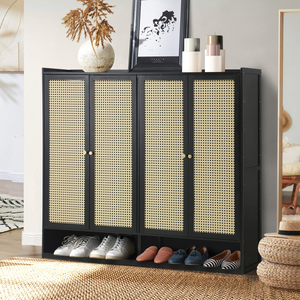 Oikiture Shoe Storage Cabinet 4 Doors Rattan Black-Shoe Storage Cabinetss-PEROZ Accessories