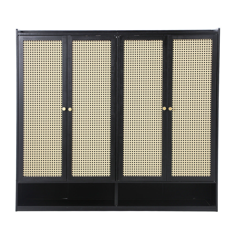 Oikiture Shoe Storage Cabinet 4 Doors Rattan Black-Shoe Storage Cabinetss-PEROZ Accessories