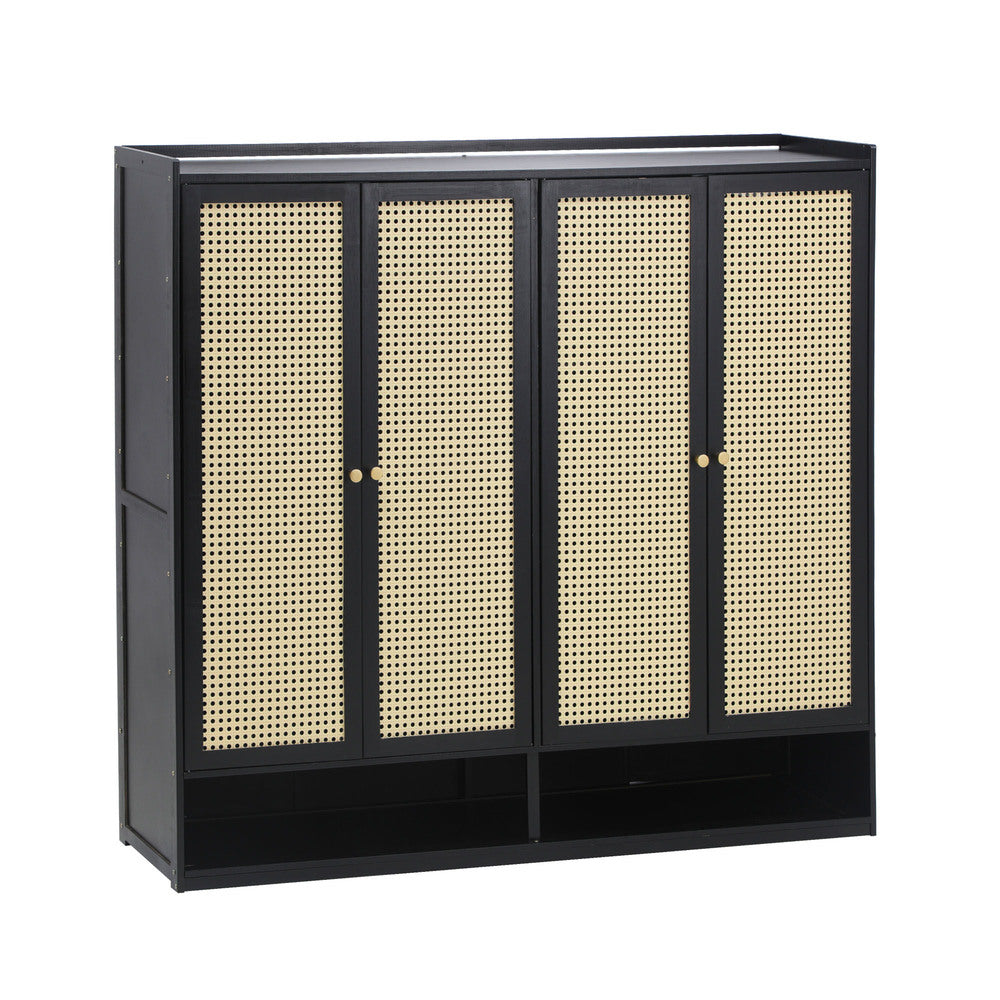 Oikiture Shoe Storage Cabinet 4 Doors Rattan Black-Shoe Storage Cabinetss-PEROZ Accessories