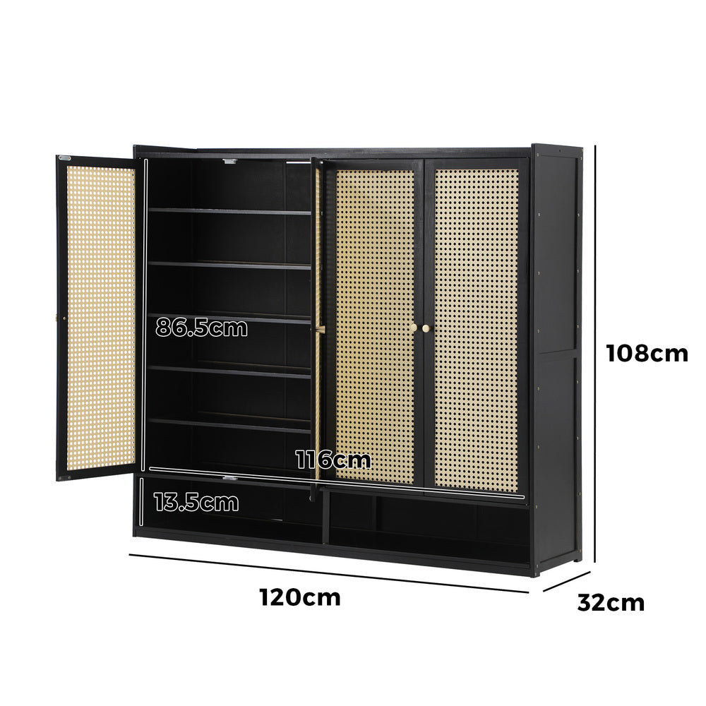 Oikiture Shoe Storage Cabinet 4 Doors Rattan Black-Shoe Storage Cabinetss-PEROZ Accessories