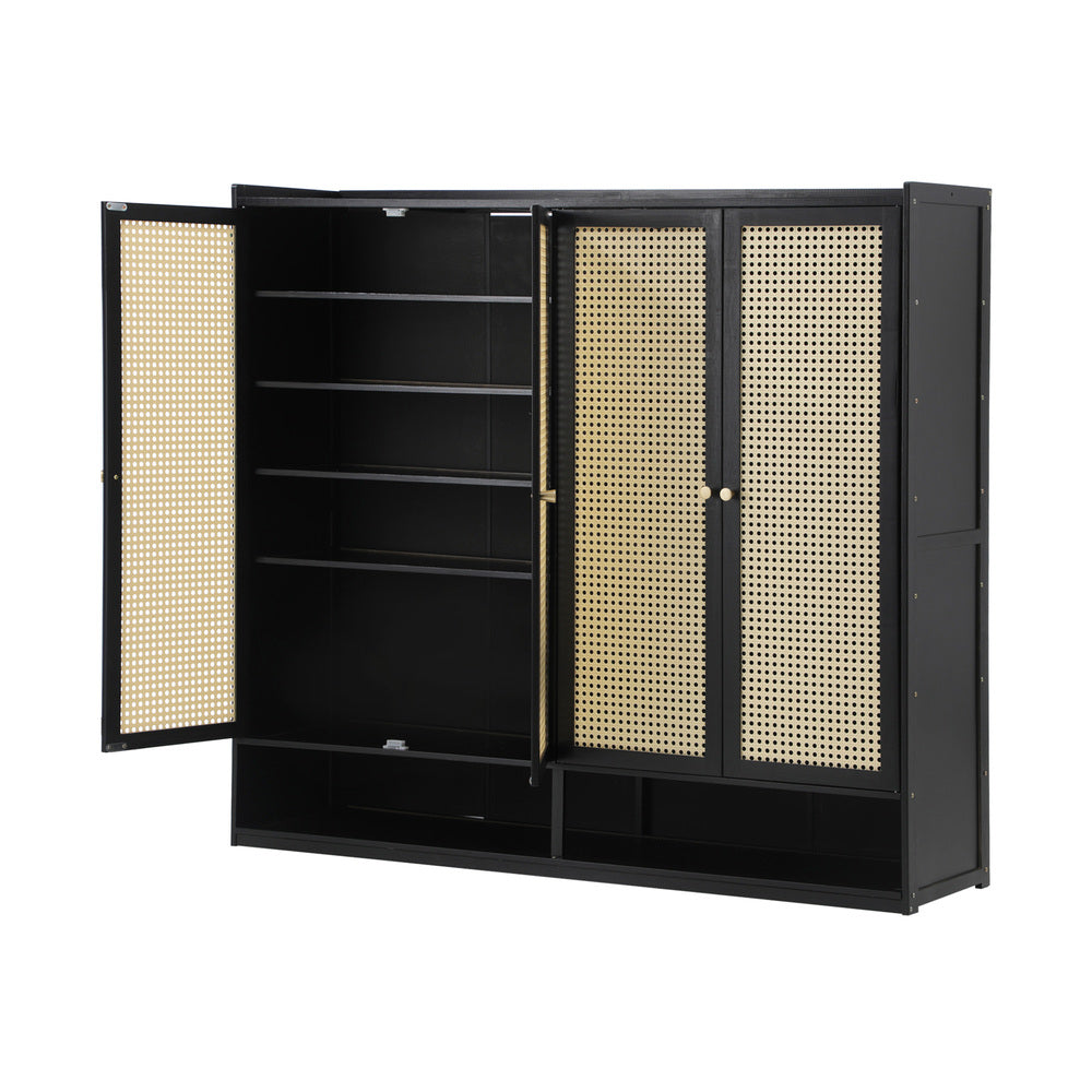 Oikiture Shoe Storage Cabinet 4 Doors Rattan Black-Shoe Storage Cabinetss-PEROZ Accessories
