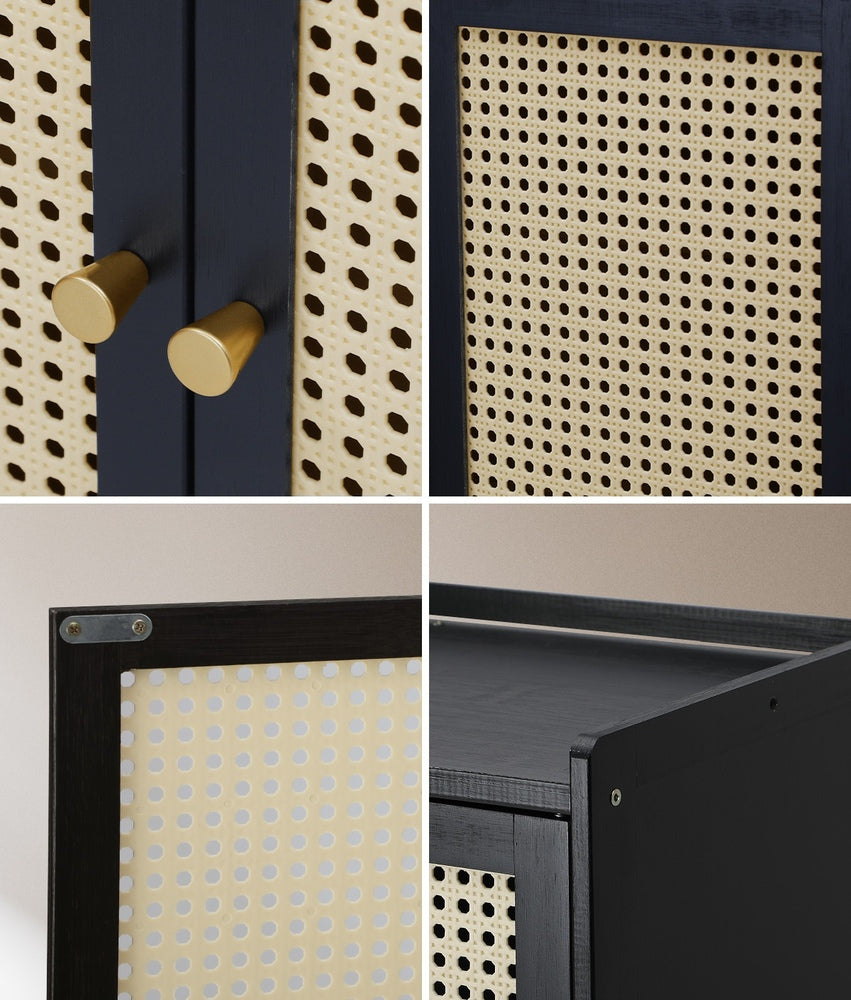 Oikiture Shoe Storage Cabinet 4 Doors Rattan Black-Shoe Storage Cabinetss-PEROZ Accessories