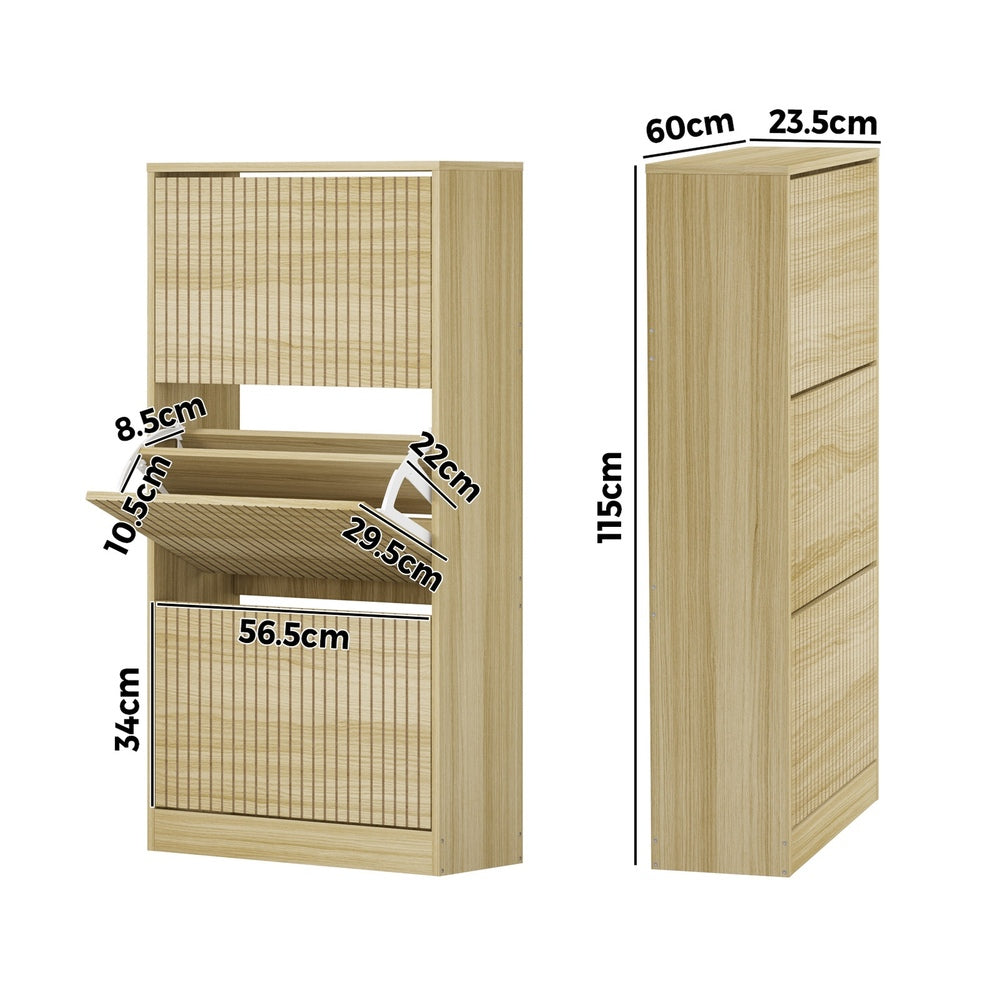 Oikiture Shoe Rack Storage Cabinet 3 Compartments Natural-Shoe Storage Cabinet-PEROZ Accessories