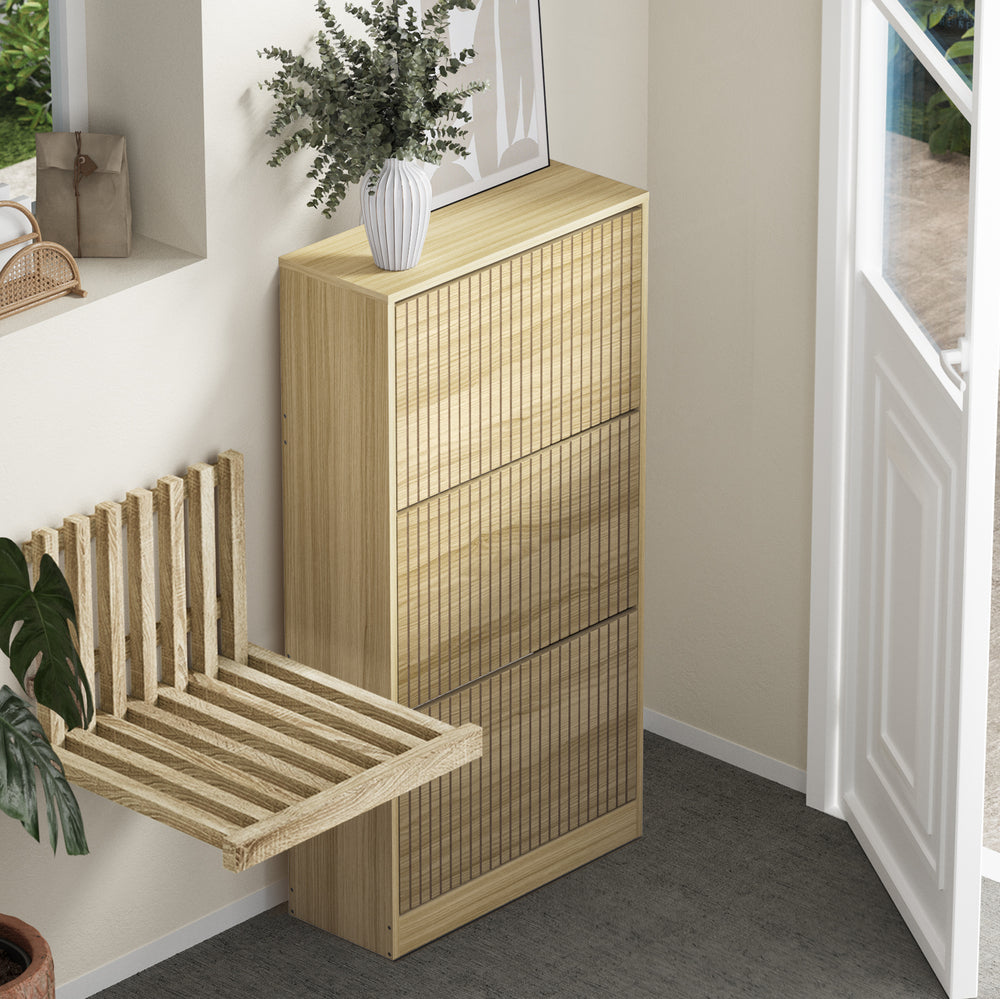 Oikiture Shoe Rack Storage Cabinet 3 Compartments Natural-Shoe Storage Cabinet-PEROZ Accessories