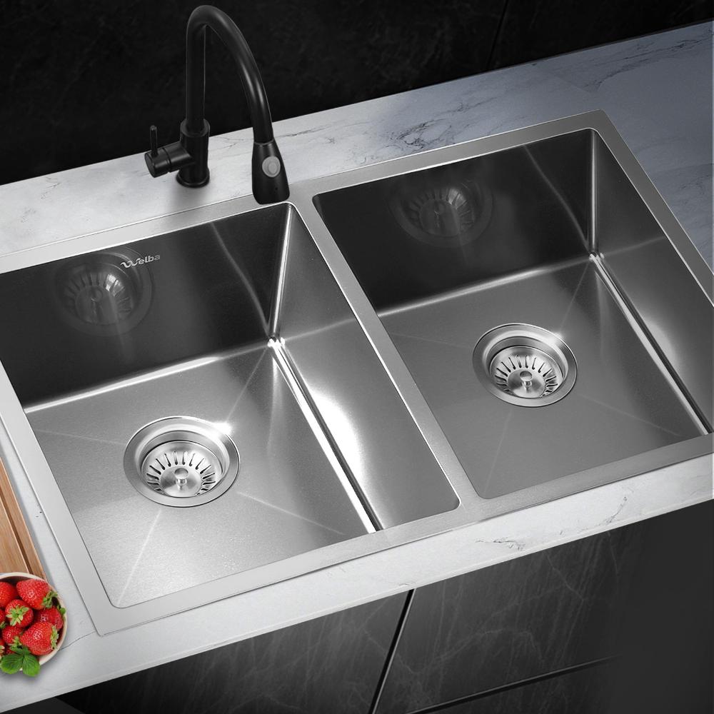 Welba Kitchen Sink Stainless Steel Bathroom Laundry Basin Double Silver 76X44CM-Stainless Steel Sink-PEROZ Accessories