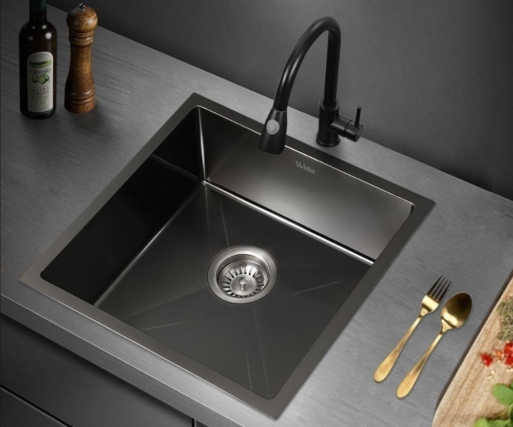 Welba 44X44CM Stainless Steel Sink Single Bowl with Waste Black-Stainless Steel Sink-PEROZ Accessories