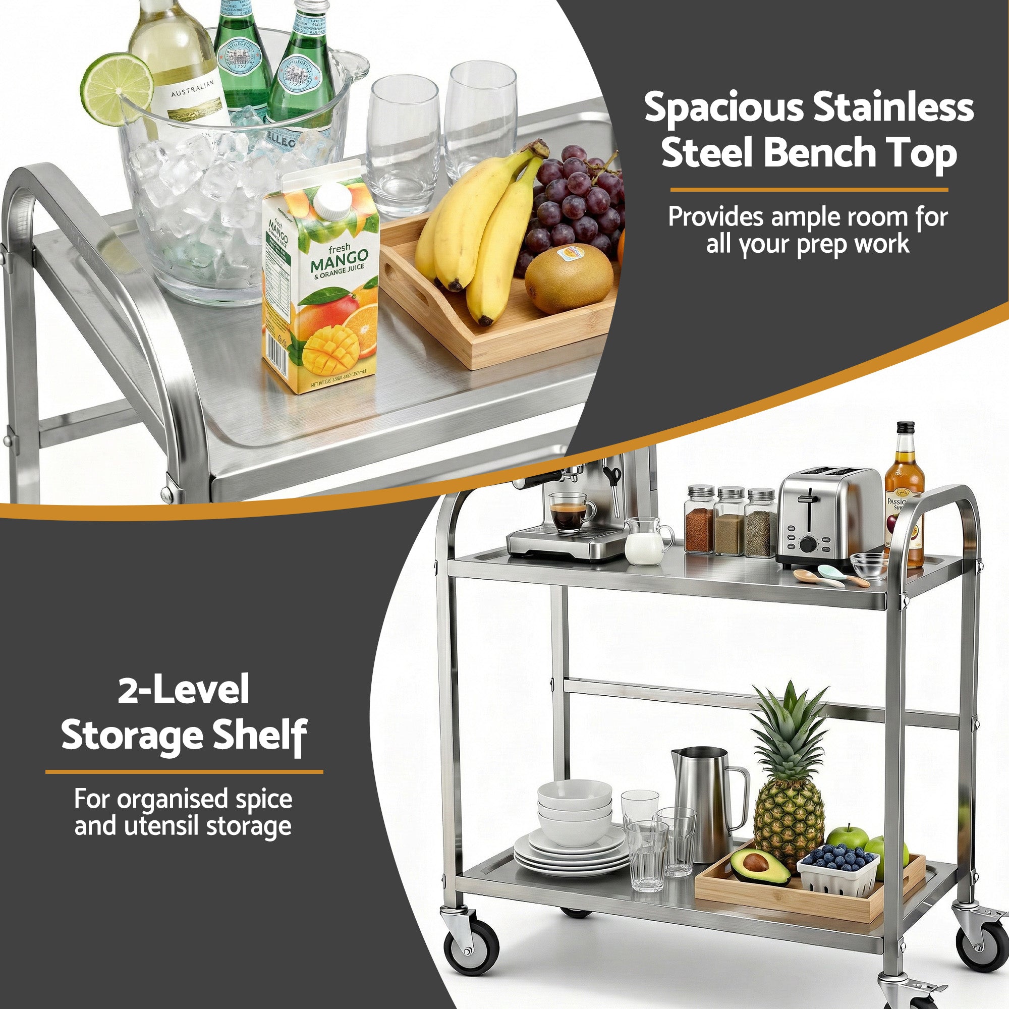 Cefito 2-Tier Stainless Steel Kitchen Trolley with Wheels 84x56x98cm-Furniture > Dining > Kitchen Sinks-PEROZ Accessories