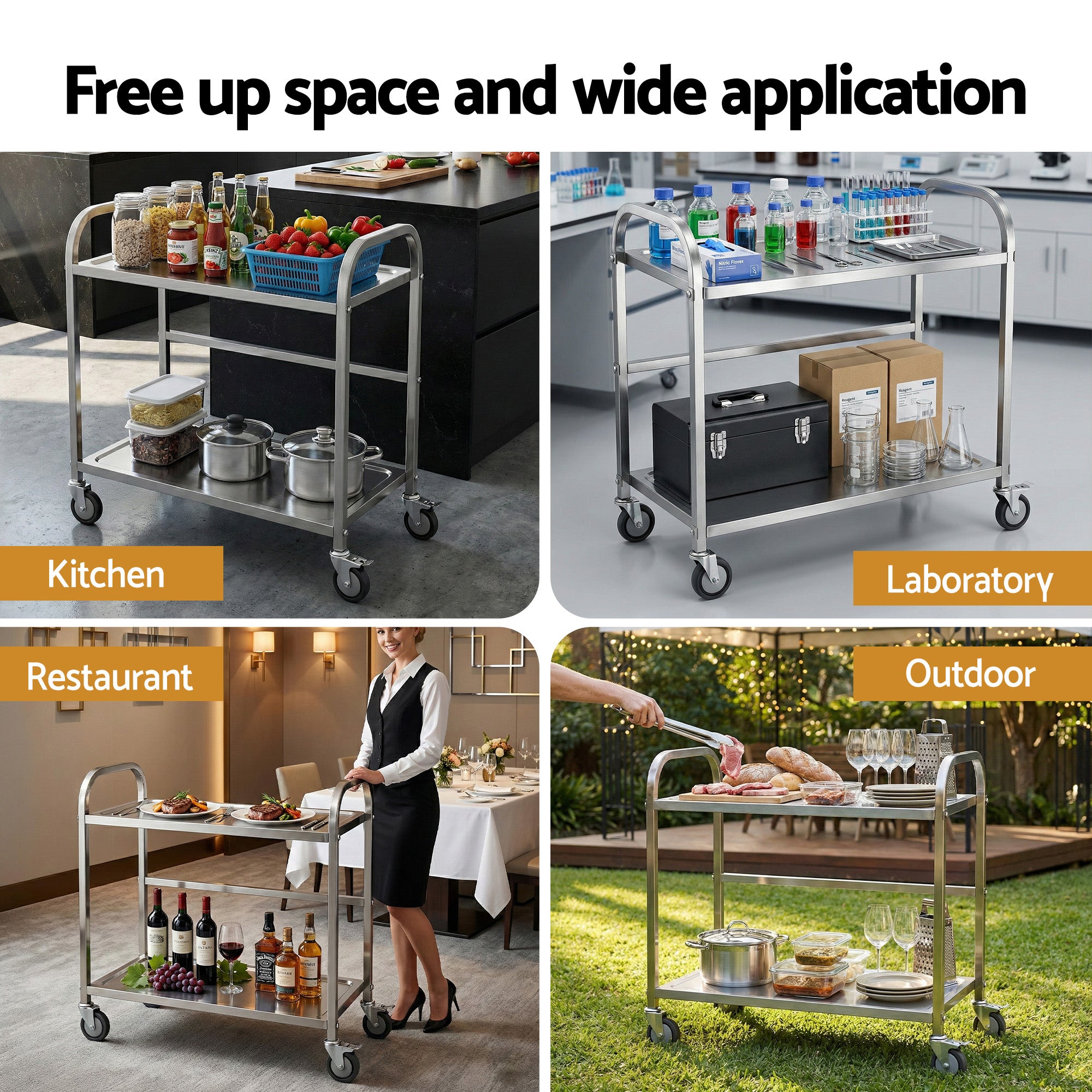 Cefito 2-Tier Stainless Steel Kitchen Trolley with Wheels 84x56x98cm-Furniture > Dining > Kitchen Sinks-PEROZ Accessories