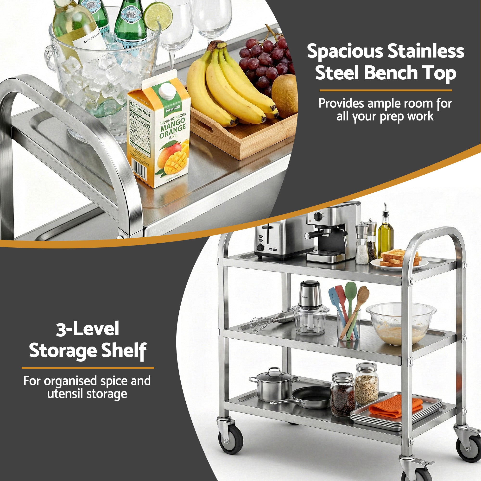 Cefito 3-Tier Stainless Steel Kitchen Trolley with Wheels 89X50X83cm-Furniture > Dining > Kitchen Sinks-PEROZ Accessories