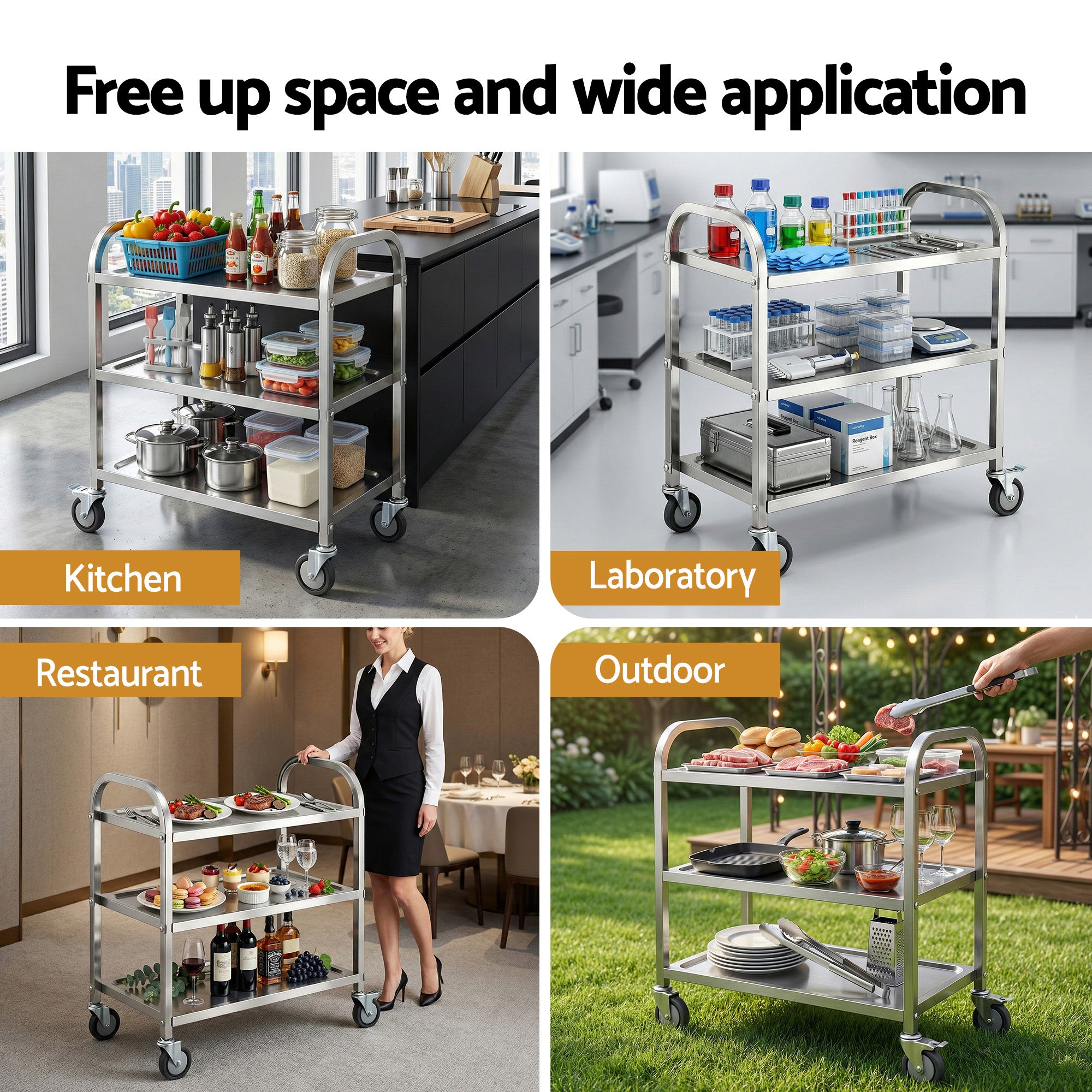 Cefito 3-Tier Stainless Steel Kitchen Trolley with Wheels 89X50X83cm-Furniture > Dining > Kitchen Sinks-PEROZ Accessories