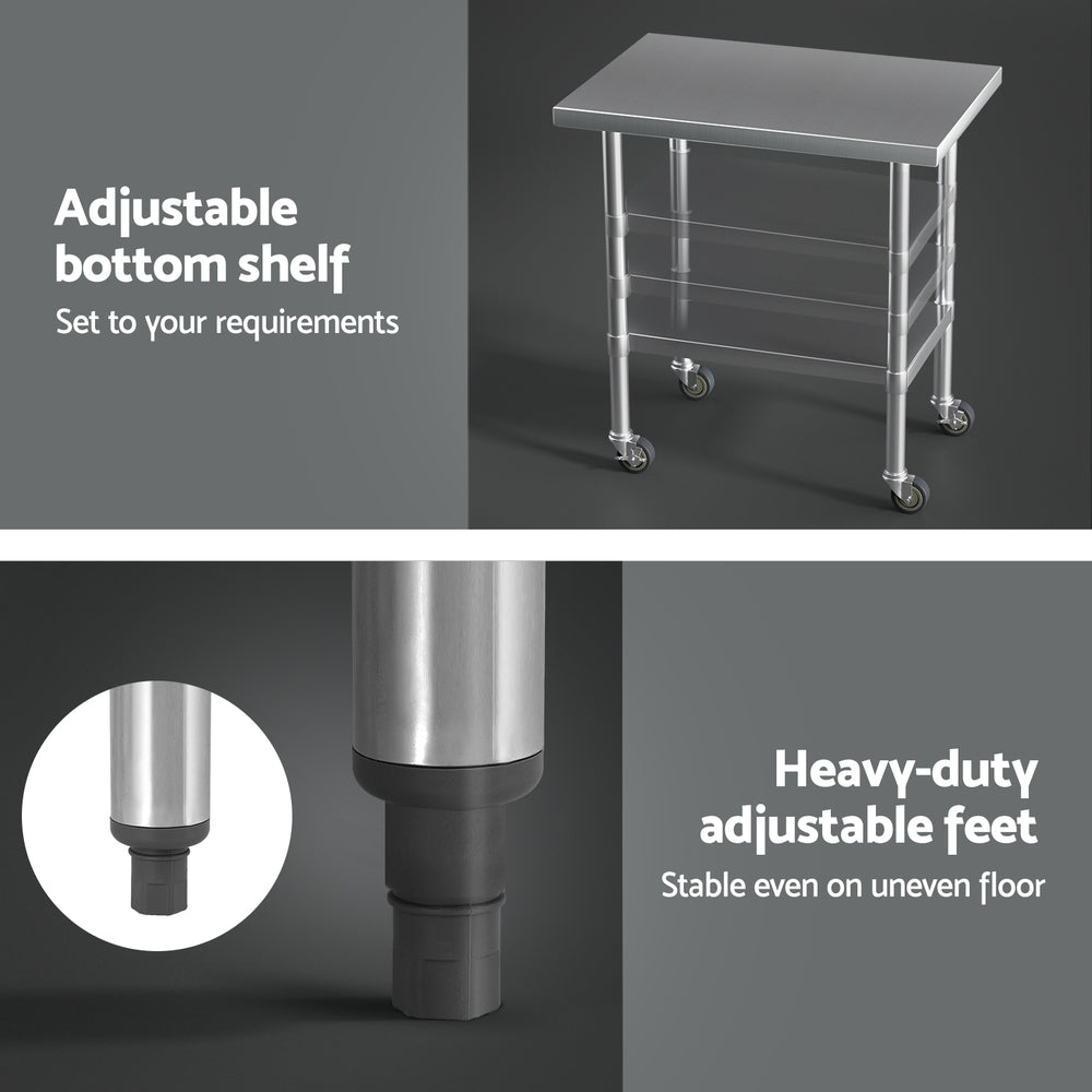 Cefito Stainless Steel Kitchen Benches Work Bench Wheels 91X61CM 430-Furniture > Dining > Kitchen Sinks-PEROZ Accessories