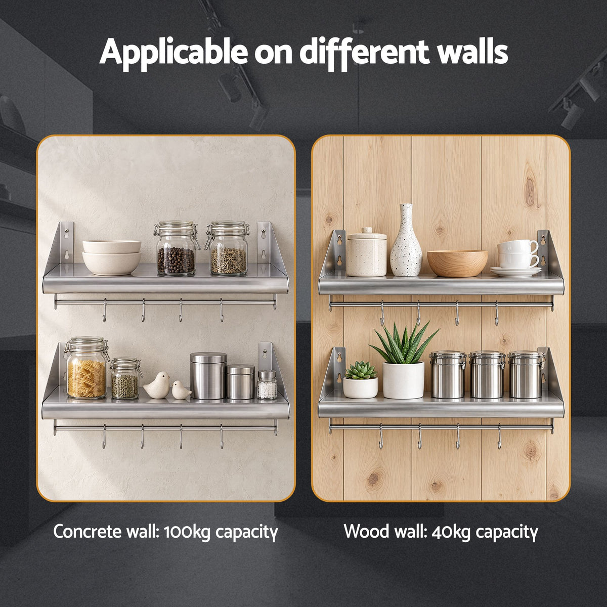 Cefito 610mm 430 Stainless Steel Wall Shelf with Hooks and Side Guards-Tools > Tools Storage > Wall Storage Racks-PEROZ Accessories
